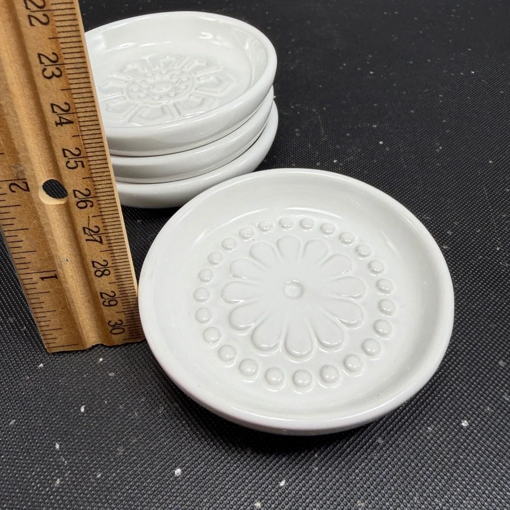 IKEA White Ceramic Butter Dishes Set of 4 Embossed Floral‎ Trinket Dishes 3inch